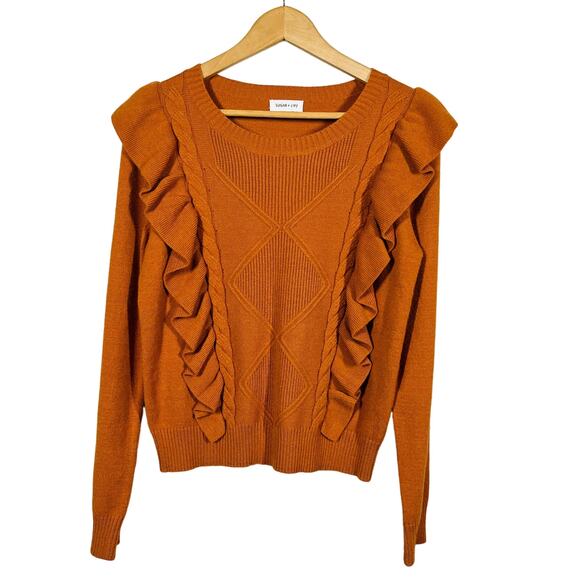 Sugar + Lipz SCoop Neck Retro Knit Sweater Ruffle Trim Rust LS Casual - M - Picture 1 of 4